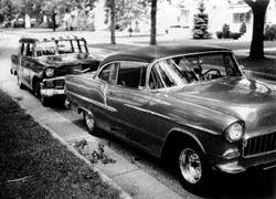 Veldheer's 1955 Chevrolet street car towing his 1956 Wagon to the 1967 US Nationals in INDY at age 18. He claims the street car was faster than the race car.