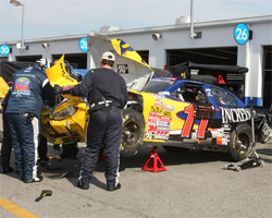 Significant damage on the No. 11 forced The America's Incredible Pizza Team to end the day short at the 2009 NASCAR Nationwide Season Opener, photo credit Christina Ramzel 2009