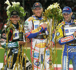 Greg Hancock, USA, Jason Crump, Australia and Tomasz Gollob, Poland on the podium in Denmark