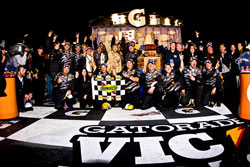 Matt Kenseth celebrates his victory of the NASCAR Auto Club 500 at Auto Club Speedway