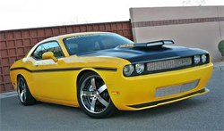 2009 Challenger RT was transformed from a silver metallic stock car to bright yellow car show with satin black for SEMA Show at the Las Vegas Convention Center in Nevada