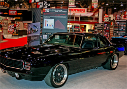 1969 Camaro with a twin turbo charged 572 cubic inch big block engine on display in the K&N booth at SEMA
