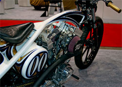 A custom built one off motorcycle with a Harley Davidson based motor