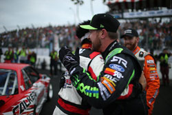 The top-three finishers at Long Beach get together with a show of mutual respect.