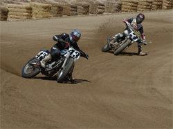 Flat Track Racers go head to head at Willow Springs Raceway in the West Coast Vintage Dirt Track Series Opener, photo by Janice Blunt