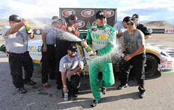 Andrew Ranger celebrating his win at the iON Camera Utah Grand Prix NASCAR K&N Pro Series Race at Miller Motorsports Park