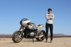 Jessi Combs standing with the BMW R nine T