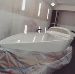 Scott Free Racing's 30-foot Extreme powerboat getting a fresh coat of paint before the 2017 seas