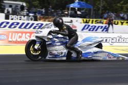 Jerry Savoie's seventh pro stock motorcycle win at the NHRA Summernationals
