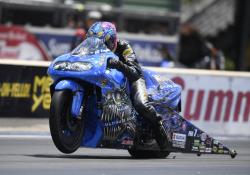 Pro Stock Motorcycle driver L.E. Tonglet at the Summit Racing Equipment NHRA Nationals