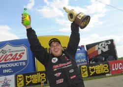 Dew Skillman at Route 66 Raceway after winning the Fallen Patriots NHRA Route 66 Nationals