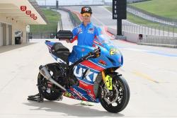 American Superbike Champion Toni Elias shows the K&N race filter for the Suzuki GSX-R1000